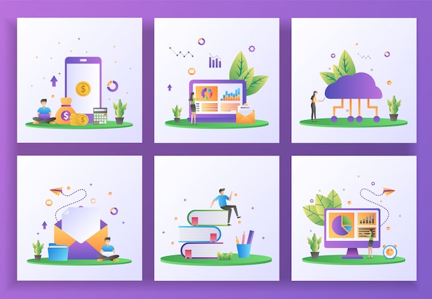 Conjunto de concepto de diseño plano. Banca en línea, análisis de datos, computación en la nube, envío de correo, educación, gestión de datos.