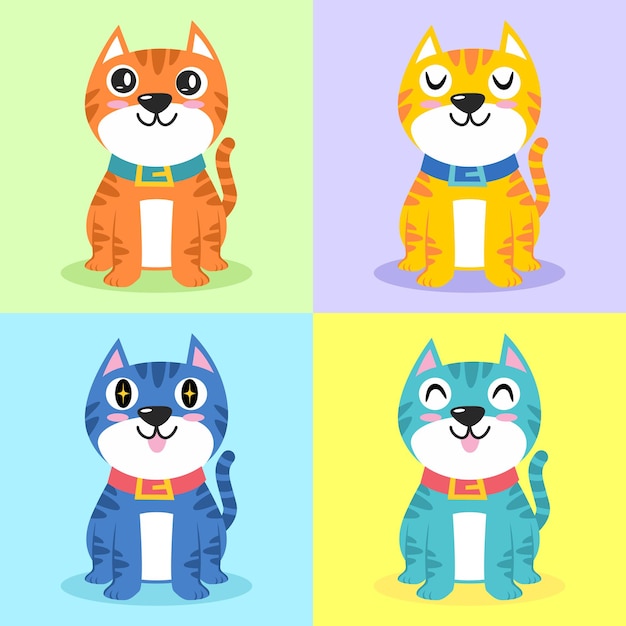 Vector conjunto de concepto de diseño plano de ilustración de dibujos animados de personaje de gato lindo