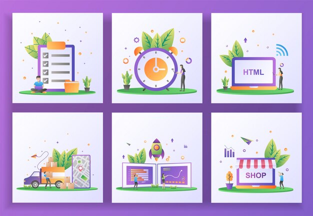 Conjunto de concepto de diseño plano. Verificación de documentos, gestión del tiempo, desarrollo web, servicio de entrega, inicio de negocios, tienda en línea. , aplicación