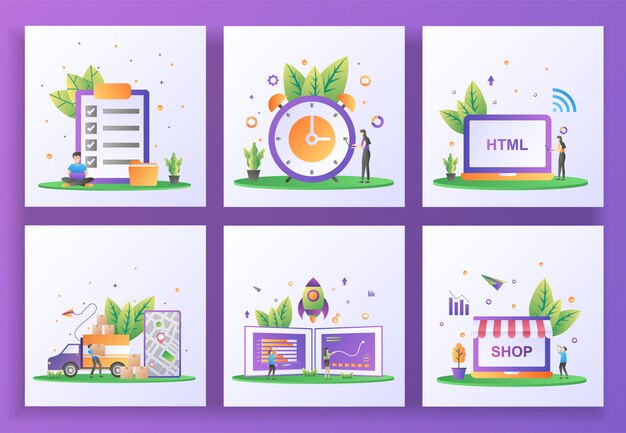Conjunto de concepto de diseño plano. verificación de documentos, gestión del tiempo, desarrollo web, servicio de entrega, inicio de negocios, tienda en línea. , aplicación