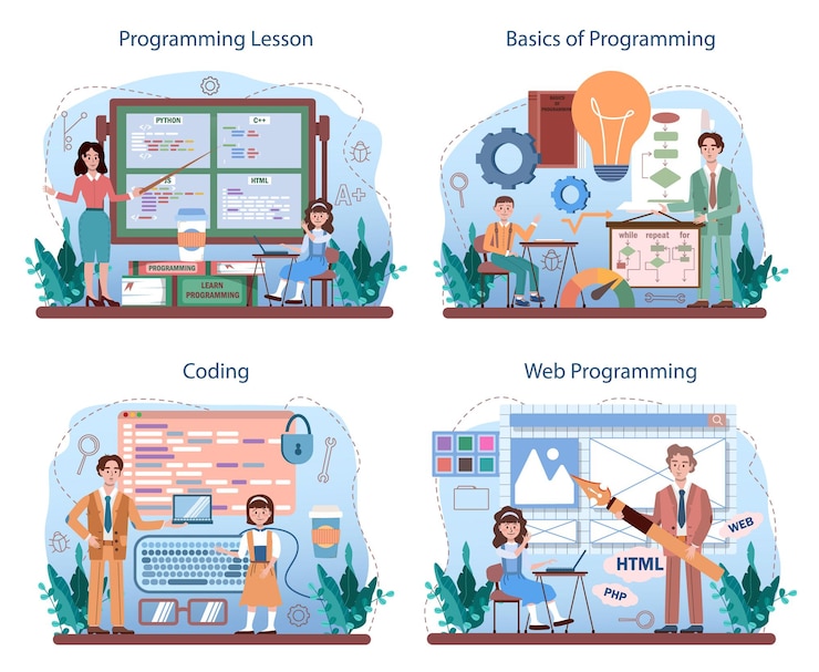 Vector conjunto de concepto de educación de ti. los estudiantes aprenden programación, software de escritura y codificación de secuencias de comandos para computadora. ciencia y tecnología de la computación para sitios web y la interfaz de dispositivos ilustración de vector plano.