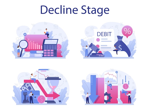 Conjunto de concepto de etapa de declive. crisis financiera con gráfico descendente y disminución de ingresos. idea de bancruptcy y riesgo empresarial. pérdida de dinero.