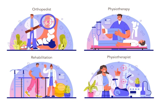 Conjunto de concepto de fisioterapia. Médico que ayuda a los pacientes durante la fisioterapia y la rehabilitación. Tratamiento de fisioterapia para personas con discapacidad física. Ilustración vectorial plana