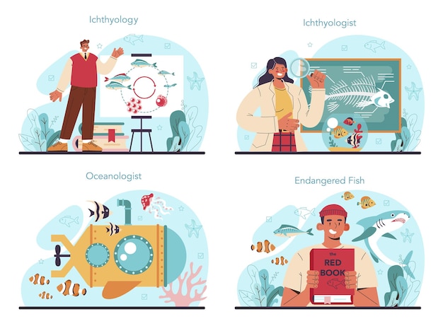 Conjunto de concepto de ictiólogo. Científico de fauna oceánica. Estudio práctico de la rama de la zoología dedicada al estudio de los peces. Protección de especies amenazadas. Ilustración de vector aislado