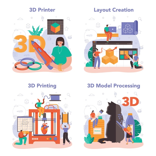 Conjunto de concepto de impresora 3d. dibujo de diseñador digital con herramientas electrónicas