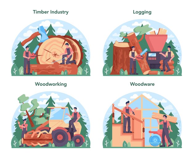 Conjunto de concepto de industria de la madera y producción de madera. Inicio sesión