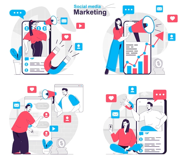 Conjunto de concepto de marketing en redes sociales atracción de clientes y promoción en línea