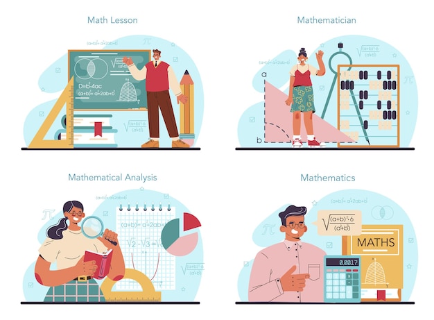 Conjunto de concepto matemático. Los matemáticos usan fórmulas y diagramas científicos para investigar y formular nuevos cálculos. Análisis matemático y cálculo de conjeturas. Ilustración vectorial plana