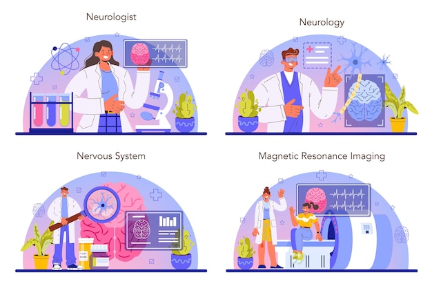 Conjunto de concepto de neurólogo. El médico examina y trata el cerebro y el sistema nervioso humanos. Terapia de enfermedades del sistema nervioso. Diagnóstico y consulta médica por resonancia magnética. Ilustración vectorial plana