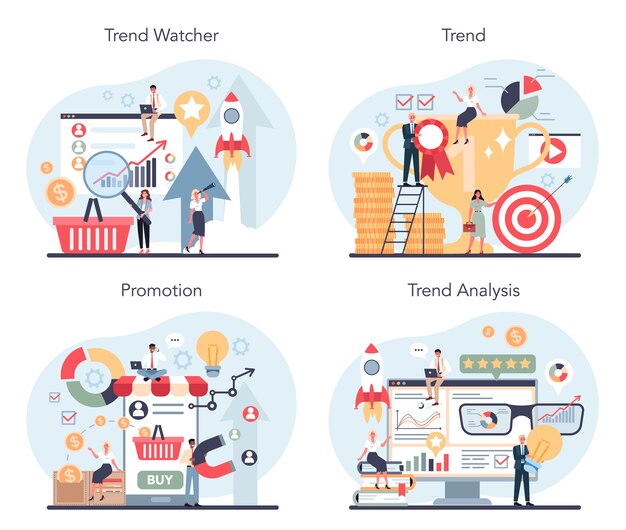 Conjunto de concepto de observador de tendencias. Especialista en seguimiento de la aparición de nuevas tendencias empresariales.