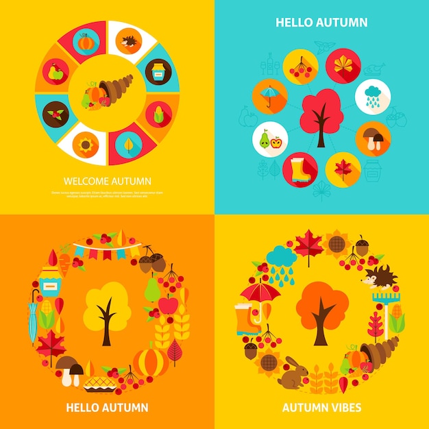 Conjunto de concepto de otoño. Ilustración vectorial de stock. Carteles de temporada de otoño.