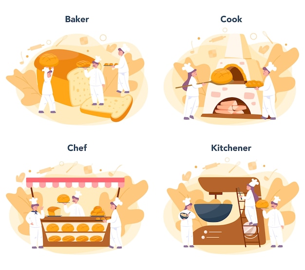 Conjunto de concepto de panadería y panadería. Chef en el pan de hornear uniforme. Proceso de repostería. Ilustración de vector aislado en estilo de dibujos animados
