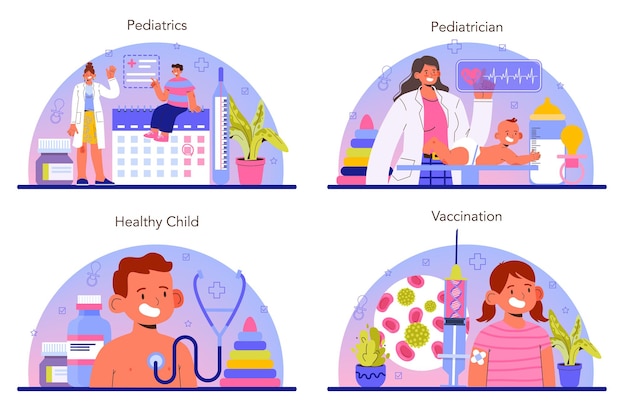 Conjunto de concepto de pediatra. médico examina a un niño con estetoscopio. tratamiento médico y cuidado para niños. tratamiento y vacunación contra la influenza. ilustración de vector plano aislado