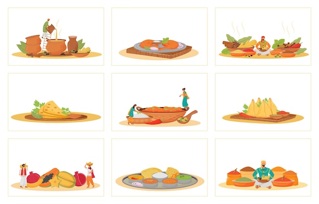 Conjunto de concepto plano de comidas tradicionales indias. Restaurante cocinando y sirviendo metáforas. Cocineros y sirvientes hindúes, frutas tropicales y vendedores de especias Personajes de dibujos animados en 2D