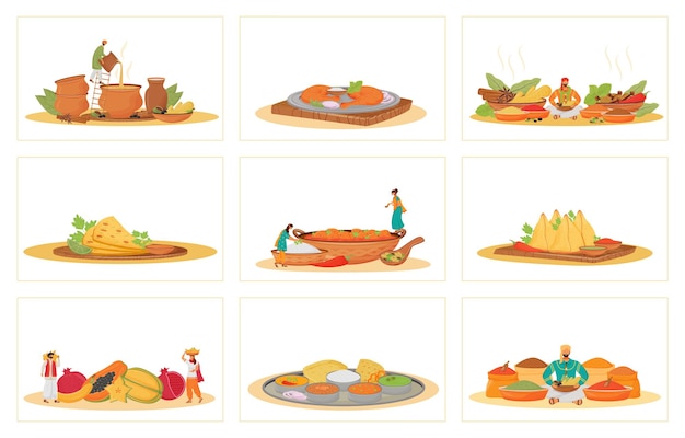 Vector conjunto de concepto plano de comidas tradicionales indias. restaurante cocinando y sirviendo metáforas. cocineros y sirvientes hindúes, frutas tropicales y vendedores de especias personajes de dibujos animados en 2d