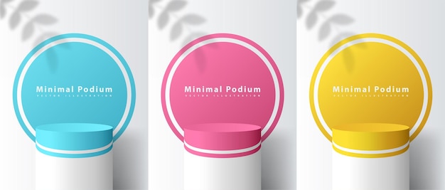 Conjunto de concepto de podios 3D Pedestal rosa azul y amarillo para publicidad de cosméticos Plataformas cilíndricas con espacio para texto Colección de vectores isométricos de dibujos animados aislados en fondo blanco