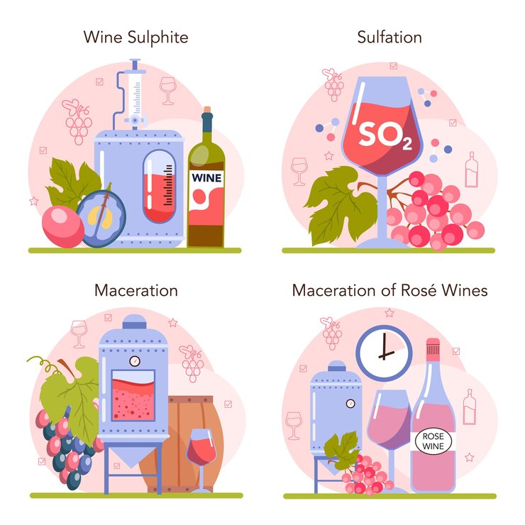 Vector conjunto de concepto de producción de vino. sulfatación y maceración de vinos tintos y rosados. mejora, apariencia, sabor y vida útil de las bebidas alcohólicas. vino en botella o copa. ilustración vectorial