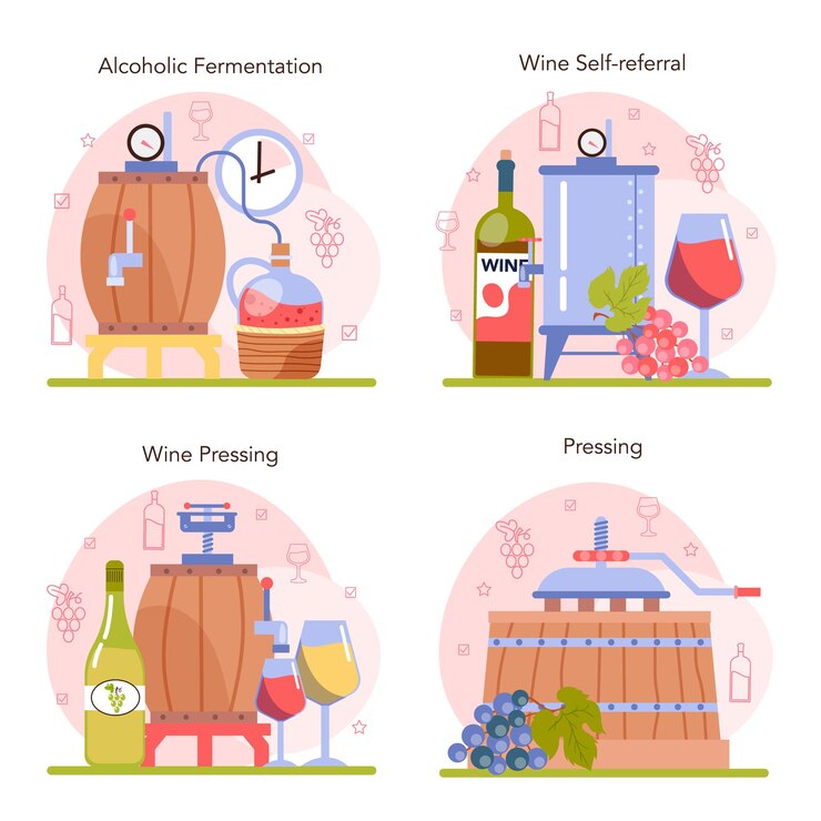 Conjunto de concepto de producción de vino. Vino de uva en botella o copa. Bebida alcoholica