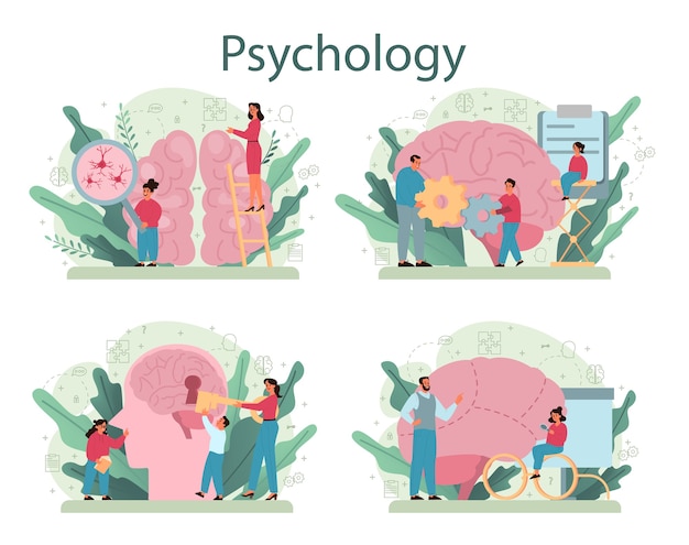 Conjunto de concepto de psicología. Estudio de salud mental y emocional. Estudio de la mente y el comportamiento del ser humano.