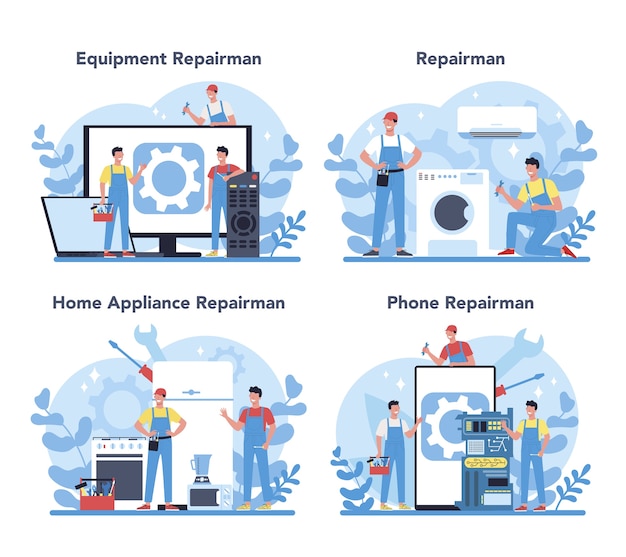 Conjunto de concepto de reparador. trabajador profesional en el aparato electrodoméstico eléctrico de reparación uniforme con herramienta. ocupación de reparador.