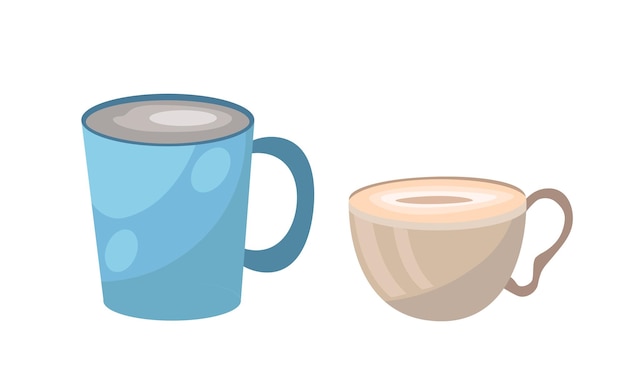 Conjunto de concepto de tazas Paquete de tazas coloridas para bebidas calientes Té o café Vajilla y utensilio de cocina Afiche o pancarta Colección de vectores planos de dibujos animados aislados en fondo blanco