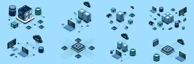 Conjunto de concepto de tecnología moderna isométrica para computación en nube Datacenter Base de datos inteligencia artificial y tecnología blockchain Tecnología isométrica