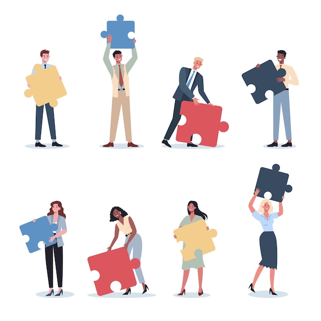 Conjunto de concepto de trabajo en equipo. Hombre de negocios y mujer sosteniendo la pieza del rompecabezas. Colaboración, comunicación y solución del trabajador.