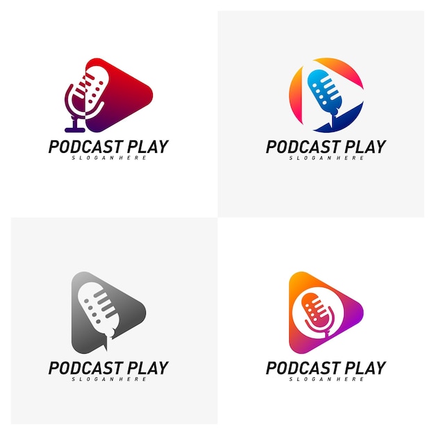 Conjunto de concepto de vector de logotipo de diseño creativo de Podcast Reproducir plantilla de logotipo de podcast Símbolo de icono