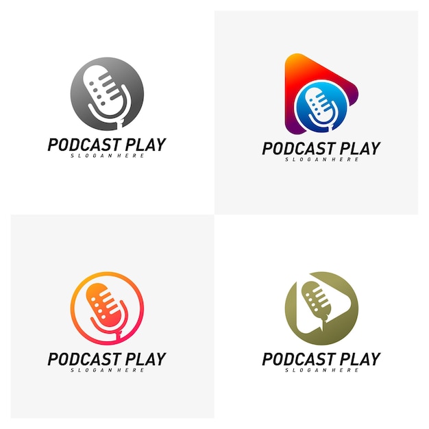 Conjunto de concepto de vector de logotipo de diseño creativo de Podcast Reproducir plantilla de logotipo de podcast Símbolo de icono