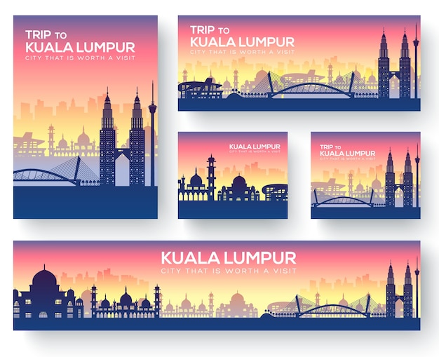 Conjunto de concepto de viaje de viaje de ornamento de país de paisaje de kuala lumpur