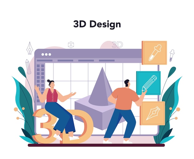 Conjunto de conceptos 3D de diseñador Dibujo digital con herramientas y equipos electrónicos Ingeniería de impresoras 3D Prototipado y construcción modernos Ilustración vectorial plana