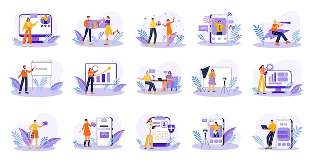 Conjunto de conceptos azules con escenas de personas en diseño de dibujos animados planos Escenas utilizando una hermosa paleta de colores