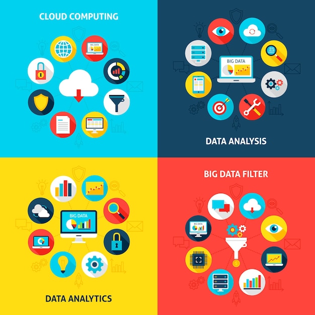 Conjunto de conceptos de big data. ilustración de vector de círculo de infografías de base de datos con iconos planos.