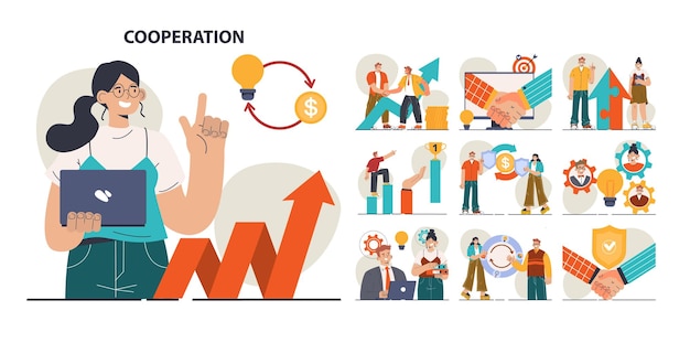 Vector conjunto de conceptos de cooperación colaboración y trabajo en equipo personajes de office