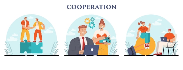 Vector conjunto de conceptos de cooperación colaboración y trabajo en equipo personajes de office