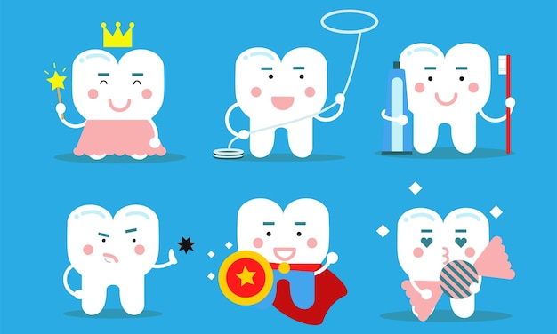 Vector conjunto de conceptos de dientes sanos diente en corona en disfraz de superman con cepillo de hilo dental y pastillas dentales de caramelo ilustraciones vectoriales personajes de dibujos animados aislados sobre fondo blanco
