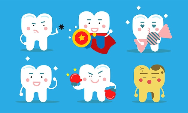 Conjunto de conceptos de dientes sanos diente en disfraz de superman con dulces en guantes de caja caries de ingenio amarillo vector ilustraciones personajes de dibujos animados aislados sobre fondo blanco