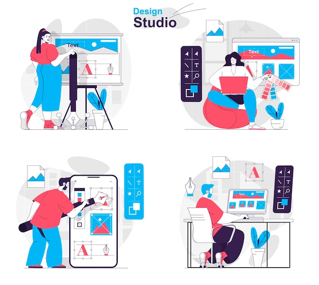 Conjunto de conceptos de estudio de diseño Los diseñadores dibujan elementos de diseño de imágenes eligen colores