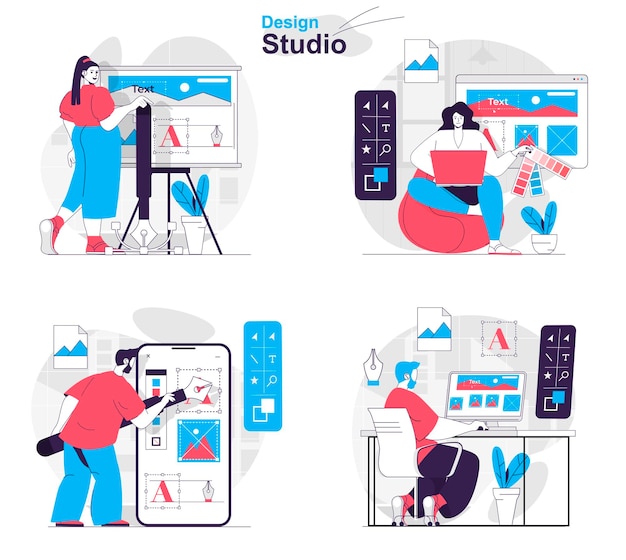Vector conjunto de conceptos de estudio de diseño los diseñadores dibujan elementos de diseño de imágenes eligen colores