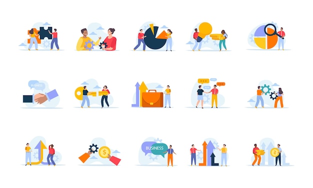 Conjunto de conceptos de fusión empresarial de composiciones planas con iconos conceptuales y personajes humanos en la ilustración de vectores de fondo en blanco