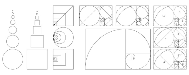 Vector conjunto de conceptos geométricos de la proporción áurea colección de proporciones divinas formas geométricas con íconos de composición de sección ideal ilustración vectorial de armonía y equilibrio geométrica