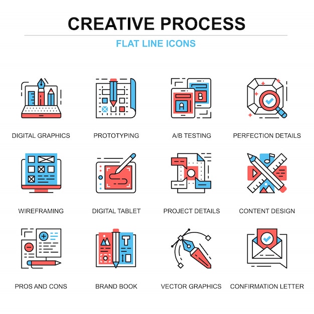 Conjunto de conceptos de los iconos de proceso creativo de línea plana