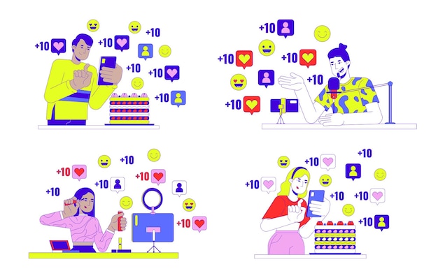 Conjunto de conceptos de ilustración lineal 2D de marketing de influencers