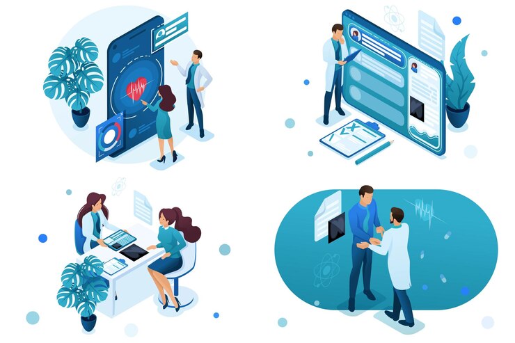 Vector conjunto de conceptos isométricos tarjeta electrónica de salud digital consulta del paciente para el diseño web