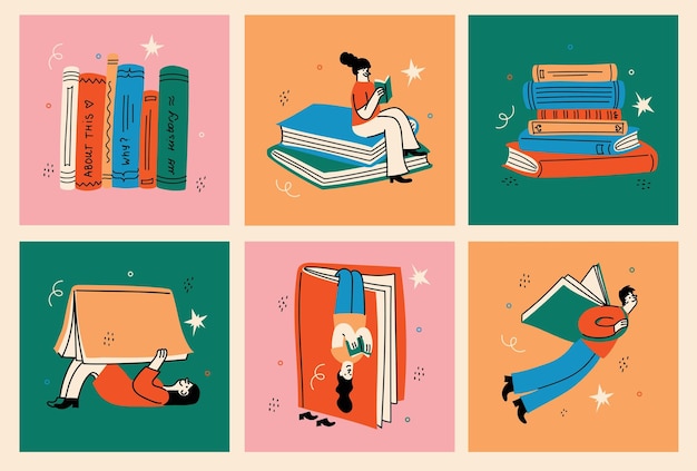 Vector conjunto de conceptos de libros lectores felices leyendo libros ilustraciones vectoriales retro