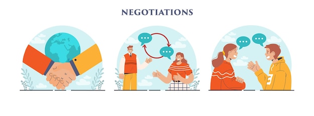 Conjunto de conceptos de negociaciones Opiniones direcciones intereses y puntos