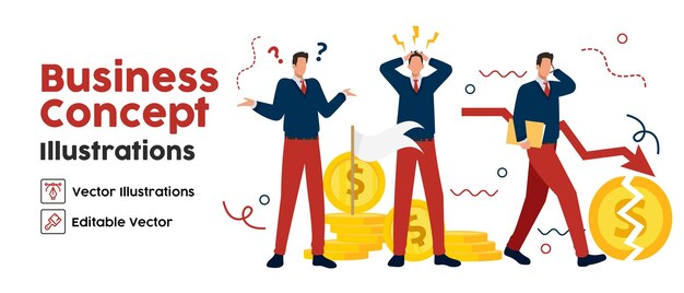 Conjunto de conceptos de negocios Colección de escenas con hombres que participan en pérdidas de dinero en actividades comerciales