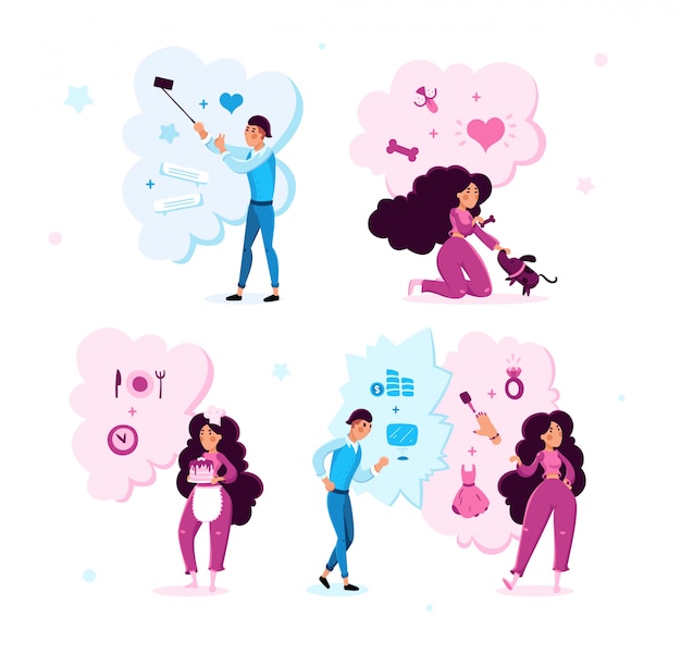 Vector conjunto de conceptos planos de actividades de mujer, hombre