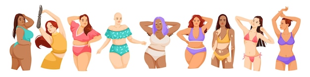 Conjunto de conceptos positivos para el cuerpo de mujeres o niñas Mujer en traje de baño no es tímida de su cuerpo Forma de figura hermosa Persona atractiva en bikini Ilustración vectorial plana aislada sobre fondo blanco