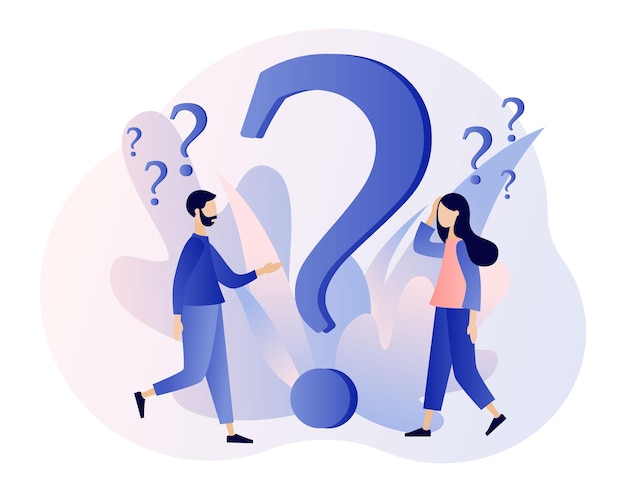 Conjunto de conceptos de preguntas frecuentes Personas alrededor de exclamaciones y signos de interrogación Metáfora pregunta respuesta